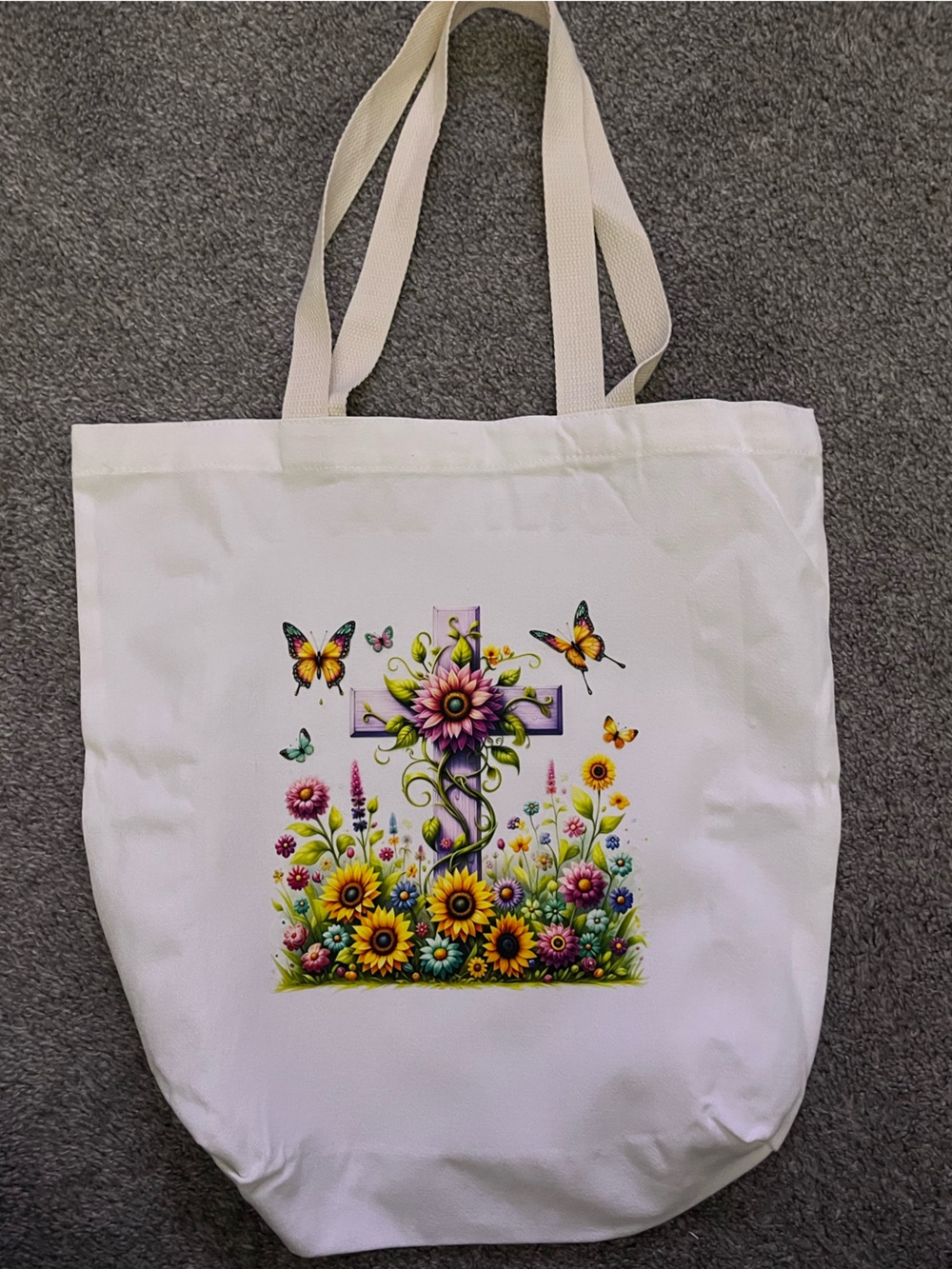 White Tote Bag with Colorful Floral Cross Print